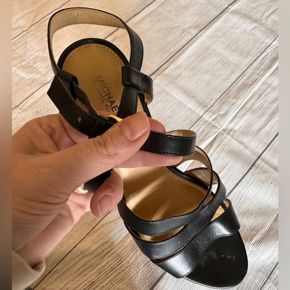 Michael Kors Black Strappy Wedge Sandals Size 8 Ankle Strap Heels